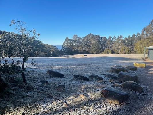 
        Frost on the grassy area on the Mt Donna summit
      